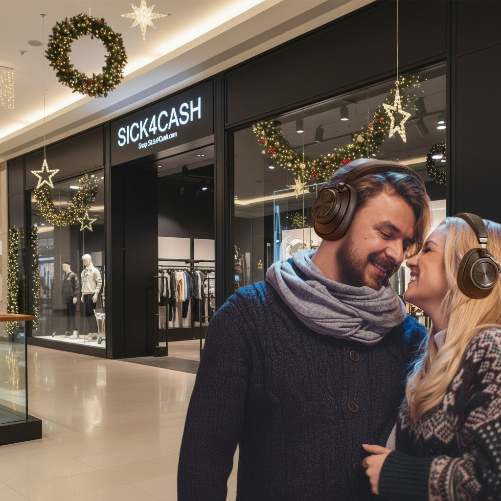Couple under a Christmas tree with headphones, holding glasses of champagne.