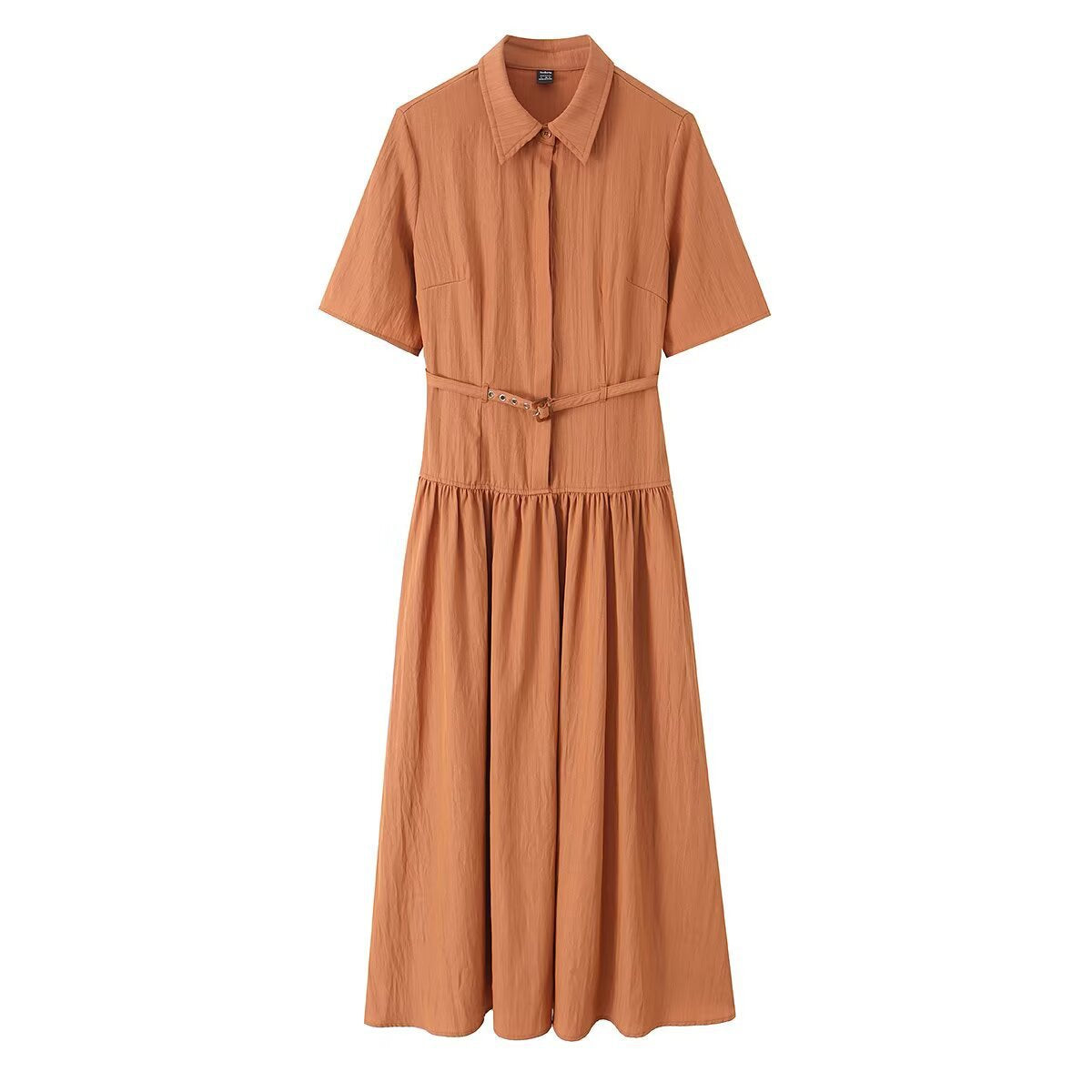 Commuting style belt waist cinching big swing shirt dress