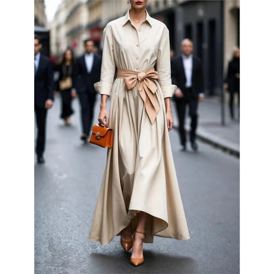 Solid Color Lace-Up Polo Collar Dress Jacket – Long Skirt Coat with Street-Chic Elegance
