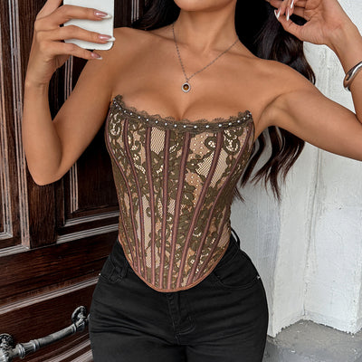 Elegant Pure Temptation Floral Lace Fitted Boned Backless High-End Sexy Wrap Top