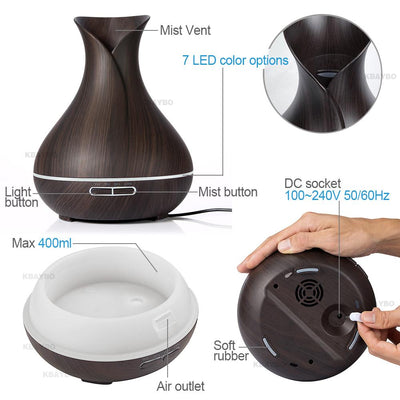 S4C Aroma Essential Oil Diffuser Ultrasonic Air Humidifier with Wood Grain 7 Color Changing LED Lights for Office Home 400ml