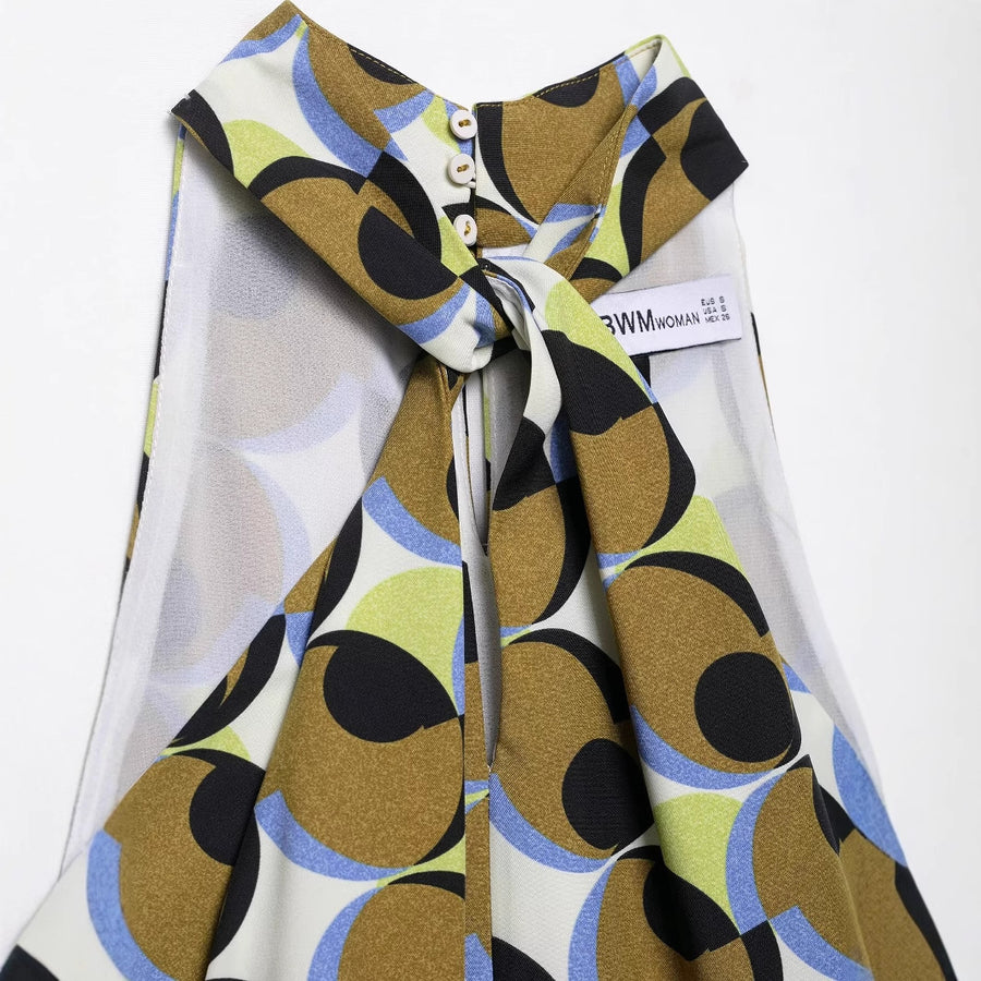 Hanging neck sleeveless feather geometric pattern dress for women