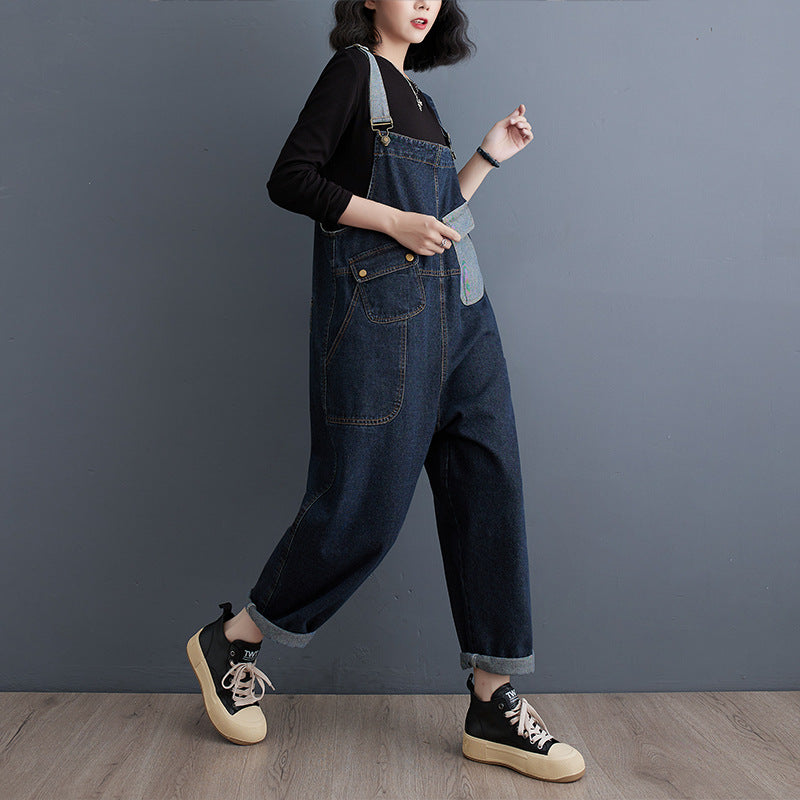 S4C Cowboy overalls cropped pants women's age reducing loose wide leg jumpsuit