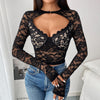 Long Sleeve Soft Lace Sexy Breathable Deep V-Neck Slim Fit Outerwear Spicy Girl Top for Women
