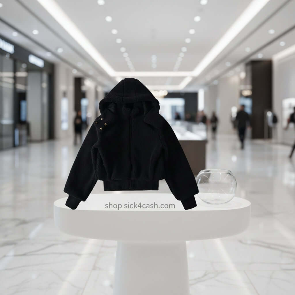 Black hoodie on a white pedestal in a blurred mall setting with 'shop sick4cash.com' text.