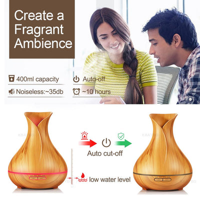 S4C Aroma Essential Oil Diffuser Ultrasonic Air Humidifier with Wood Grain 7 Color Changing LED Lights for Office Home 400ml