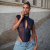 Women's metal buckle sexy perspective slim mesh jumpsuit