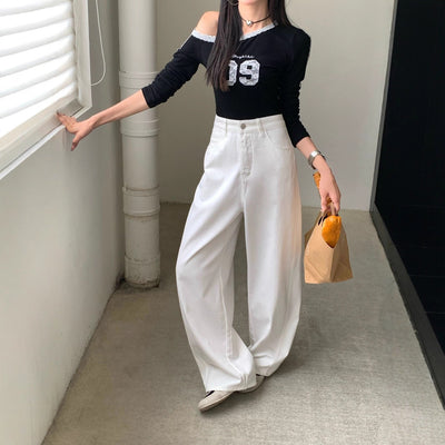 White Denim Pants Women's Flare Trousers Korean High-Quality Simple Wide-Leg Slimming Pear-Shaped Denim Long Pants