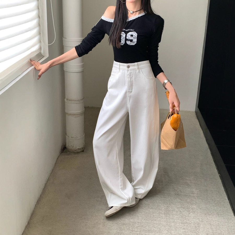 White Denim Pants Women's Flare Trousers Korean High-Quality Simple Wide-Leg Slimming Pear-Shaped Denim Long Pants
