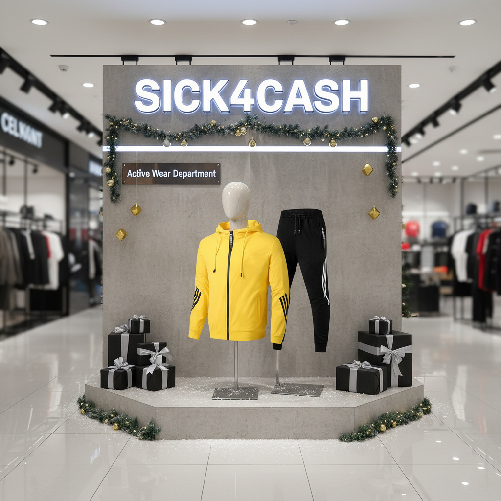 Display in a store with a yellow jacket and black pants on mannequins, 'SICK4CASH' sign above, and gift boxes around.