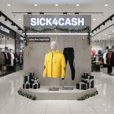 Display in a store with a yellow jacket and black pants on mannequins, 'SICK4CASH' sign above, and gift boxes around.