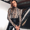 Sexy snake print long sleeved high neck jumpsuit for women
