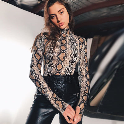 Sexy snake print long sleeved high neck jumpsuit for women