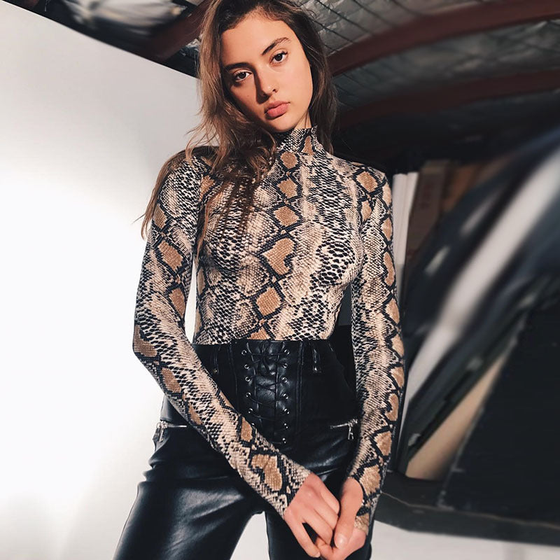 Sexy snake print long sleeved high neck jumpsuit for women