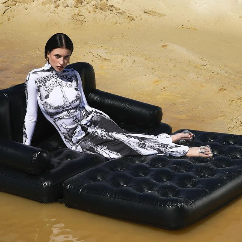 Women's High Neck Long Sleeve Black Printed Halloween Dress Long Length