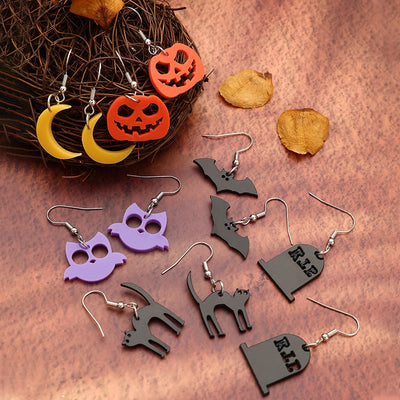 Halloween Series Geometric Ear Hooks Acrylic Bat Cat Owl Moon Pumpkin Earrings 6 Pairs