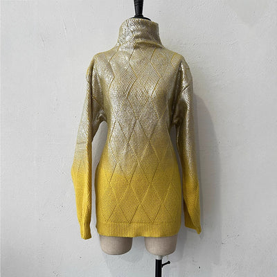 High neck gradient hot silver checkered sweater pullover for casual women's wear