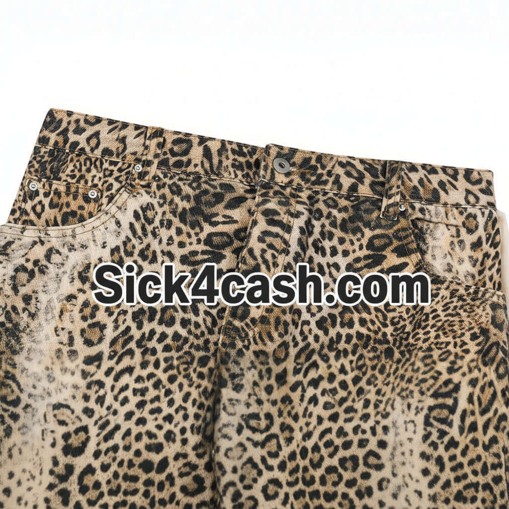 Street Style Men's Jeans with Leopard Print Patchwork, Casual Loose Fit Wide Leg Long Pants close-up view.