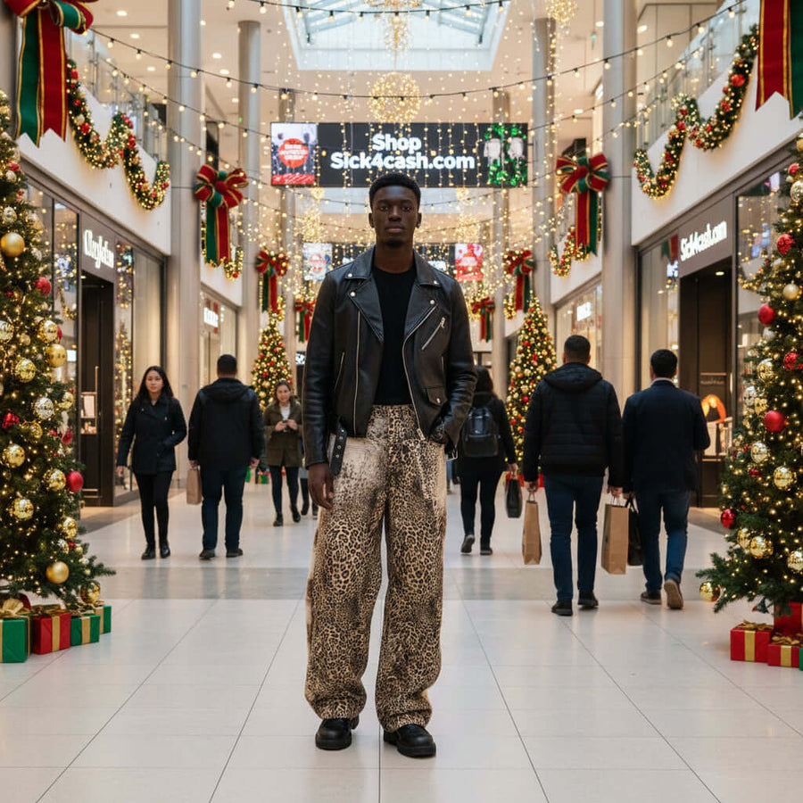 Street Style Men's Jeans with Leopard Print Patchwork, Casual Loose Fit Wide Leg Long Pants.