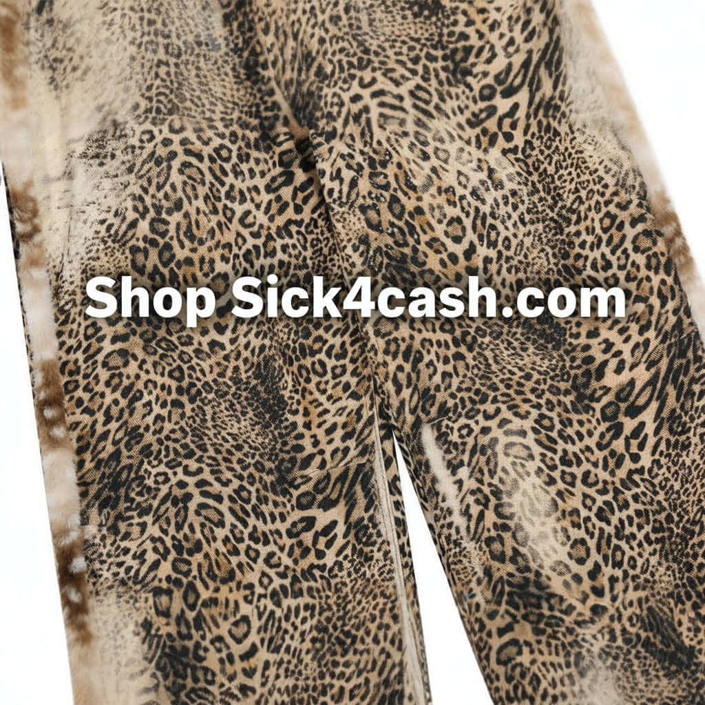 Street Style Men's Jeans with Leopard Print Patchwork, Casual Loose Fit Wide Leg Long Pants close-up showing leopard print details.