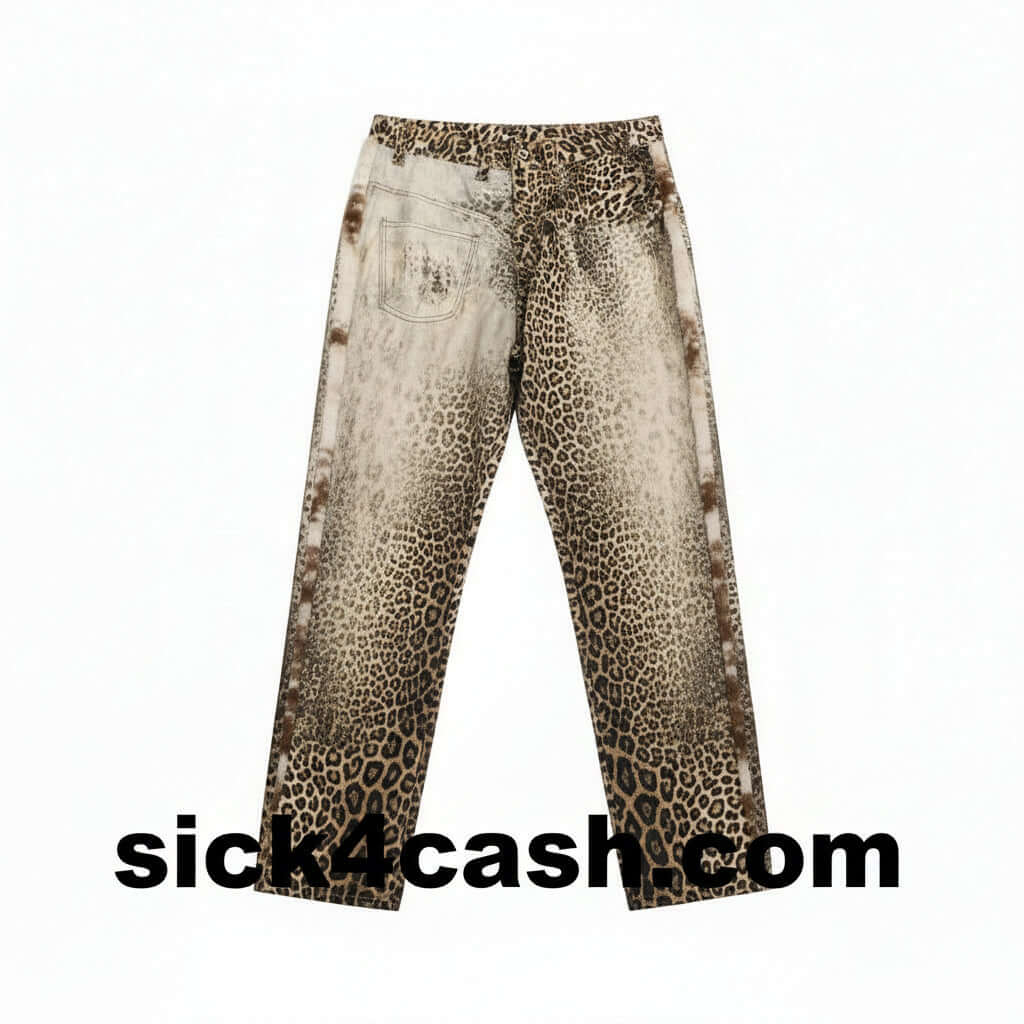 Street Style Men's Jeans with Leopard Print Patchwork, Casual Loose Fit Wide Leg Long Pants close-up detail.
