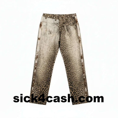 Street Style Men's Jeans with Leopard Print Patchwork, Casual Loose Fit Wide Leg Long Pants close-up detail.