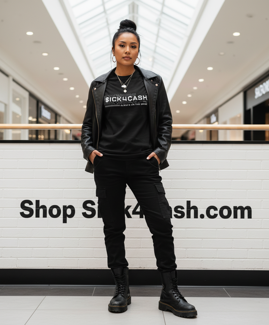 Black t-shirt with 'SICK4CASH' text on a white brick wall background