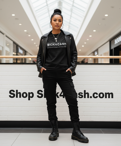 Black t-shirt with 'SICK4CASH' text on a white brick wall background
