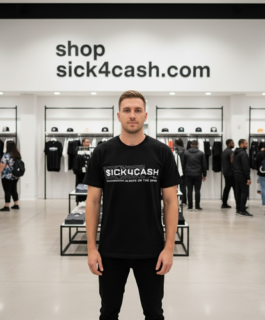 Black t-shirt with 'SICK4CASH' text on a white brick wall background