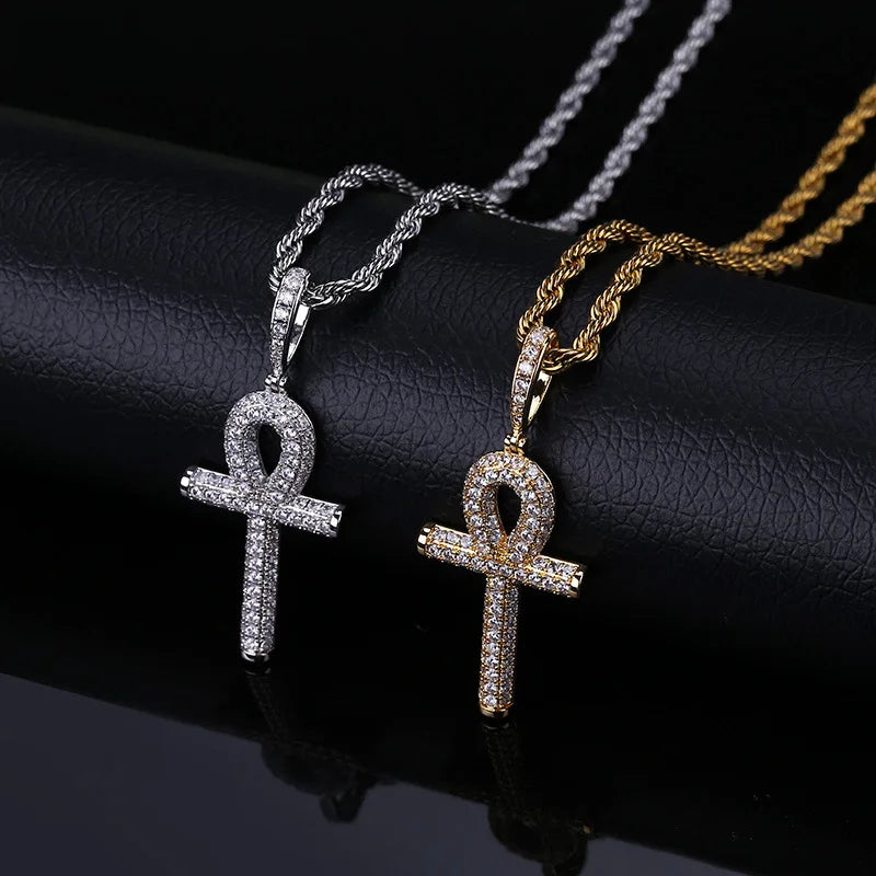SICK4CASH® “No Days Off” Iced-Out Ankh Key Cross Pendant