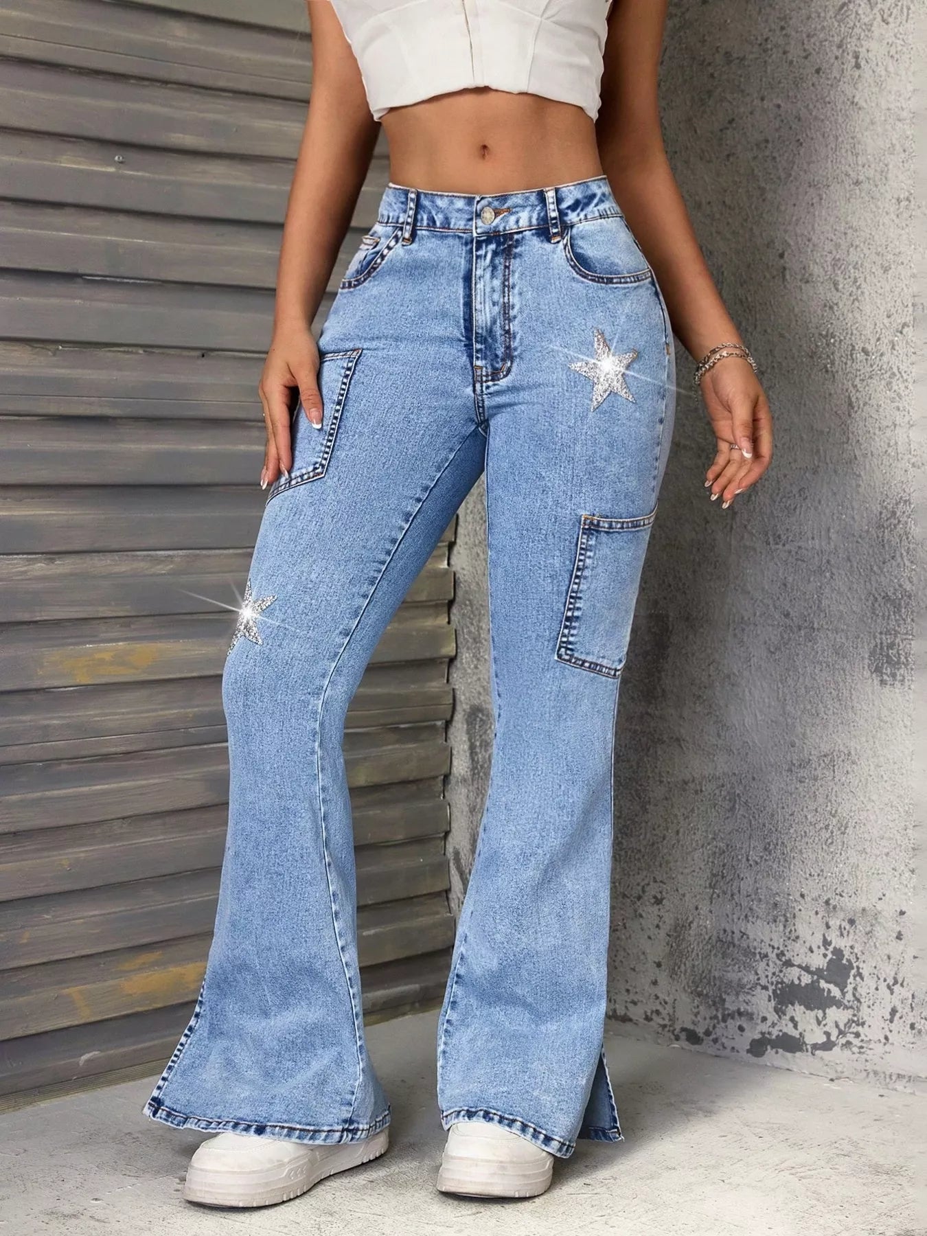 Women’s Star Slit Flare Jeans – Retro Edge with Cosmic Attitude