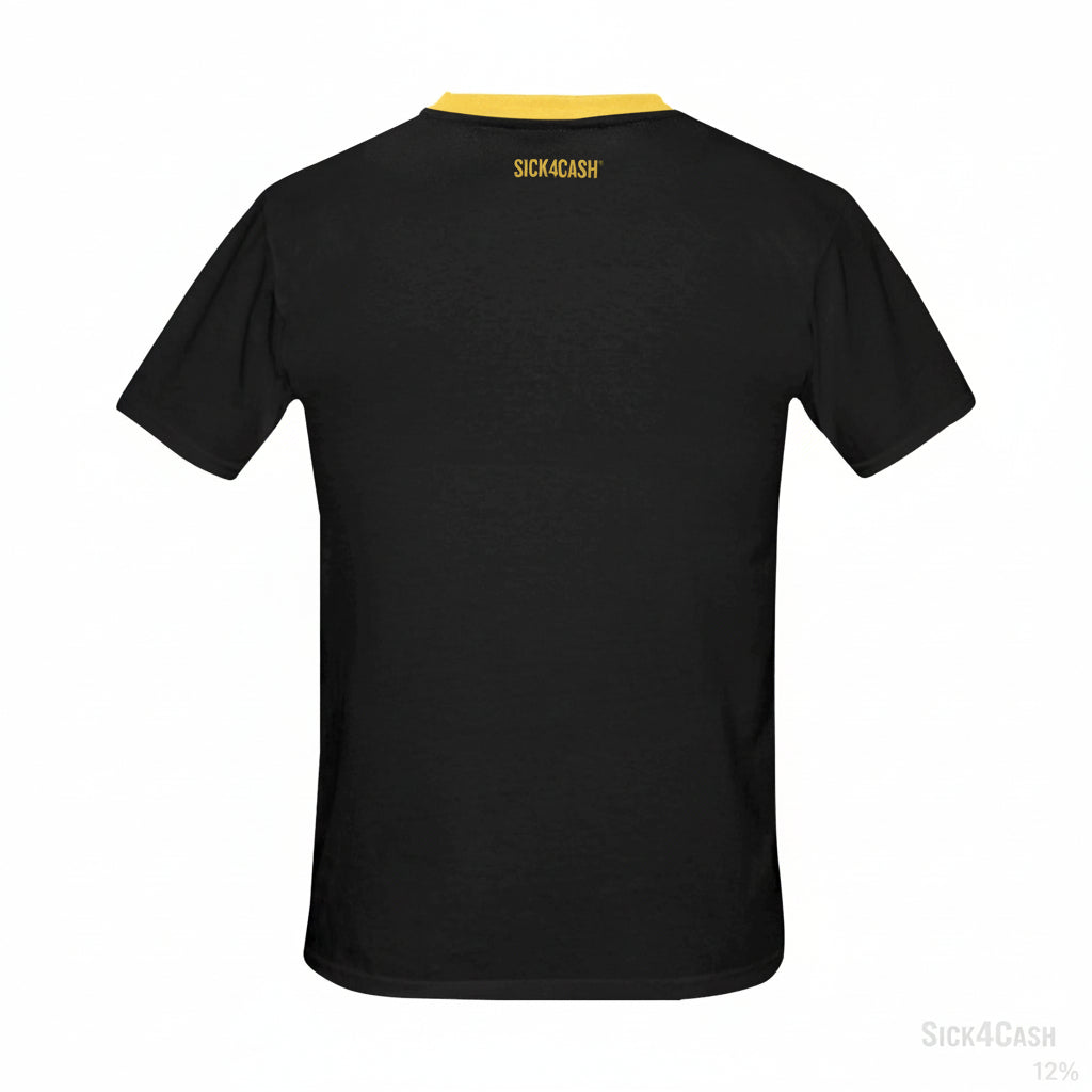 Black t-shirt with 'SICK4CASH' branding on the back against a white background