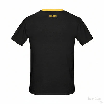 Black t-shirt with 'SICK4CASH' branding on the back against a white background
