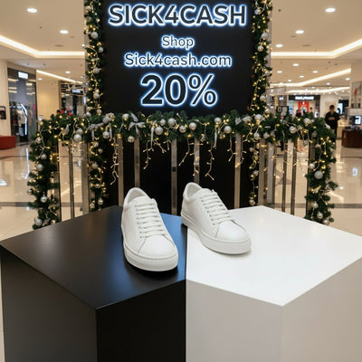 White sneakers on a black and white striped surface