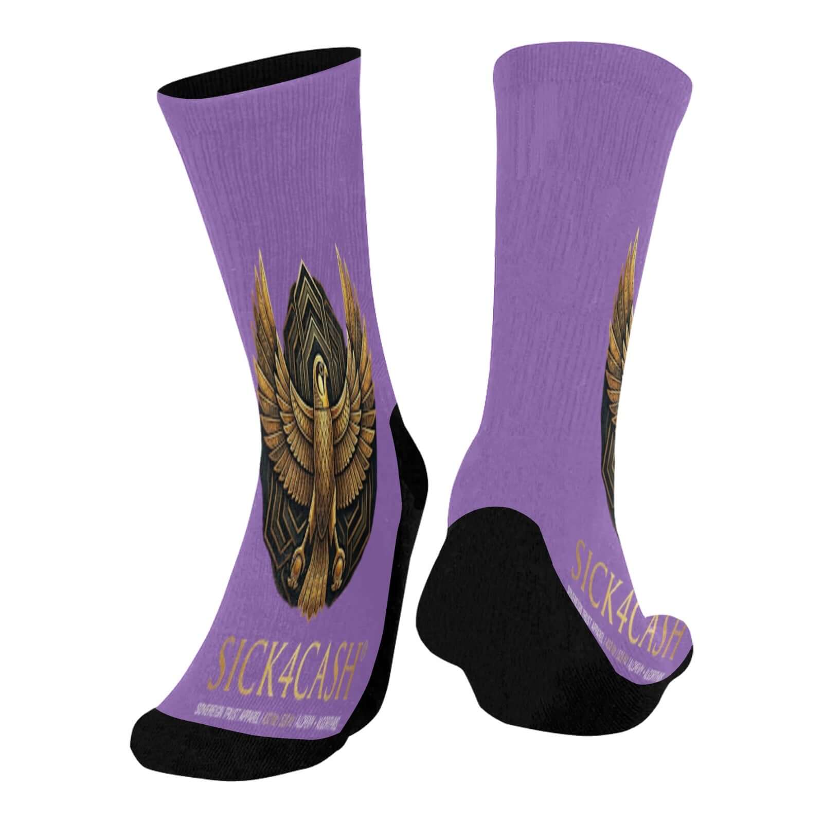 Mid-Calf Socks (Black Bottom) featuring a bold purple print and solid black bottom for streetwear style.