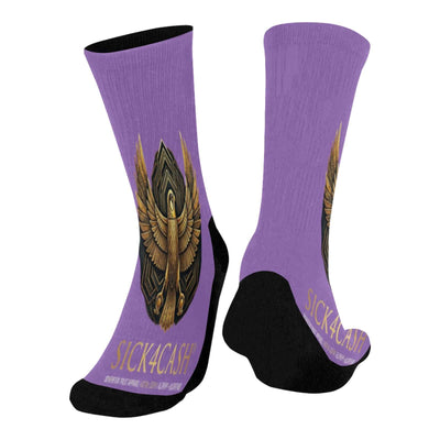 Mid-Calf Socks (Black Bottom) featuring a bold purple print and solid black bottom for streetwear style.