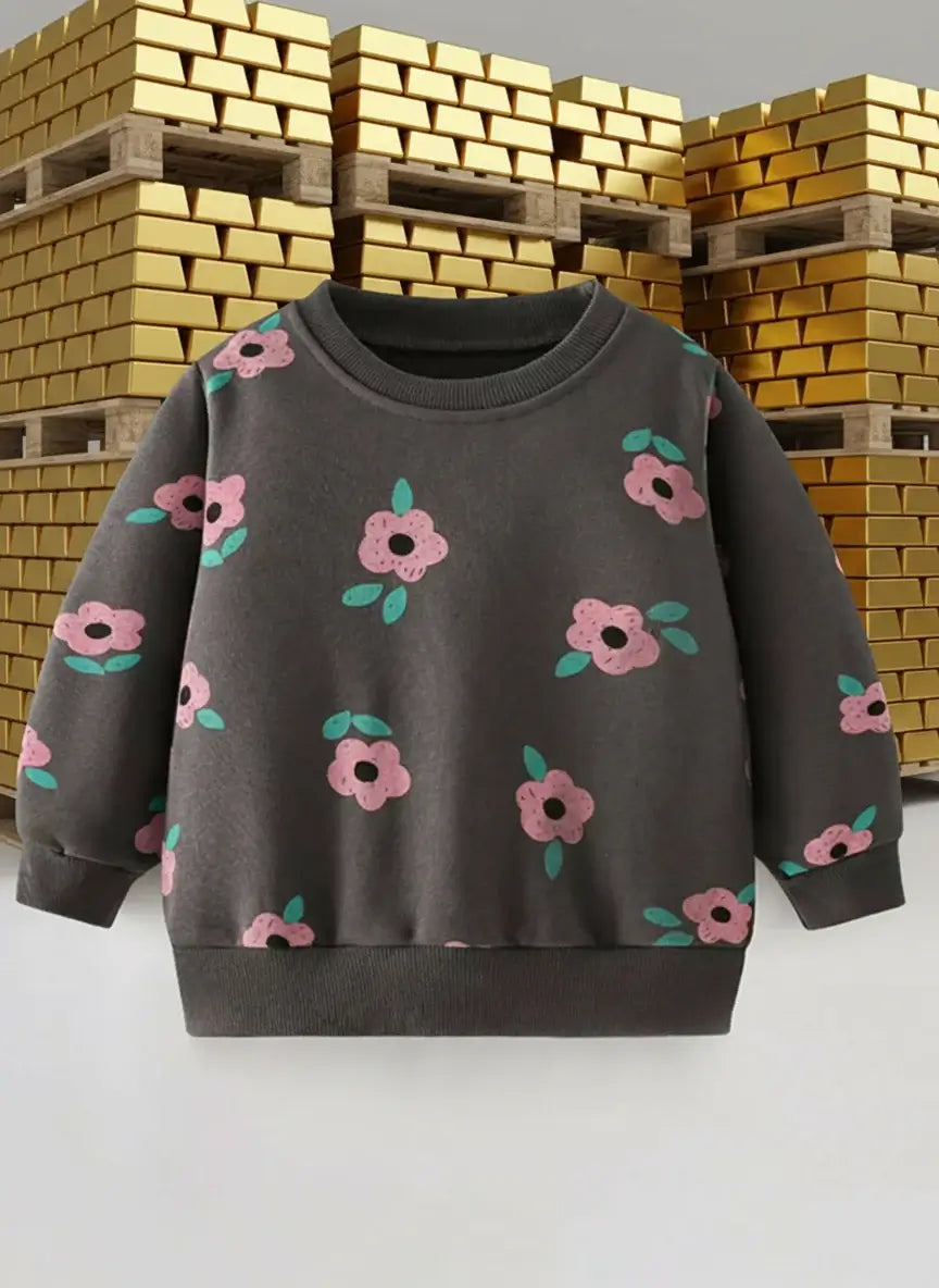 Children's Floral Print Crew Neck Sweatshirt featuring colorful floral design on a gray background.