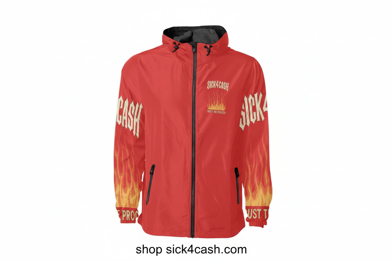Red jacket with flame design and 'Sick Cash' branding on a white background