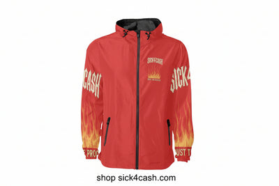 Red jacket with flame design and 'Sick Cash' branding on a white background