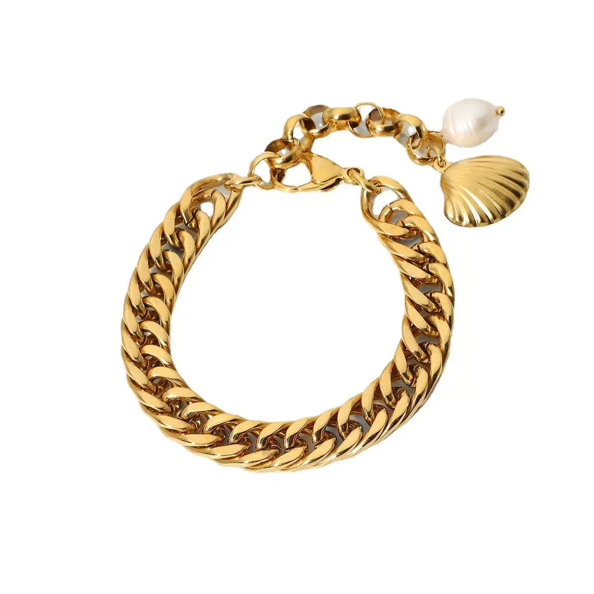 Gold chain bracelet with a pearl and shell charm