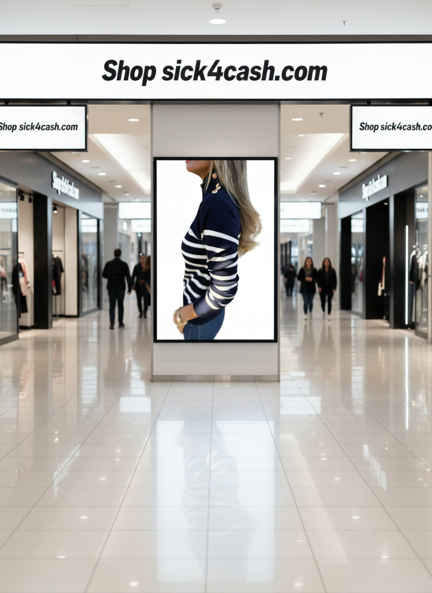 Person wearing a navy and white striped sweater with a blurred background