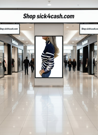 Person wearing a navy and white striped sweater with a blurred background