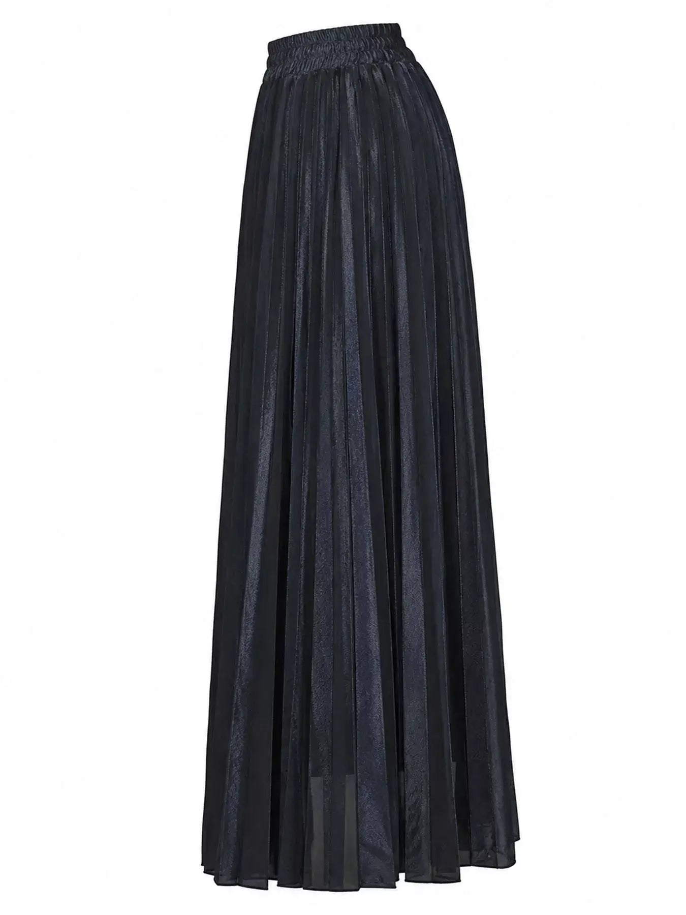 High-Waisted Metallic Pleated Maxi Skirt in Regal Black featuring a relaxed fit and pleated design.