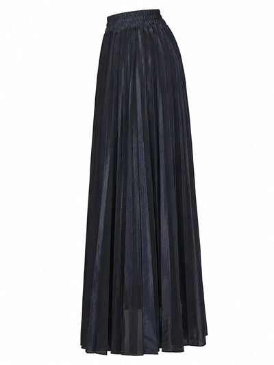 High-Waisted Metallic Pleated Maxi Skirt in Regal Black featuring a relaxed fit and pleated design.