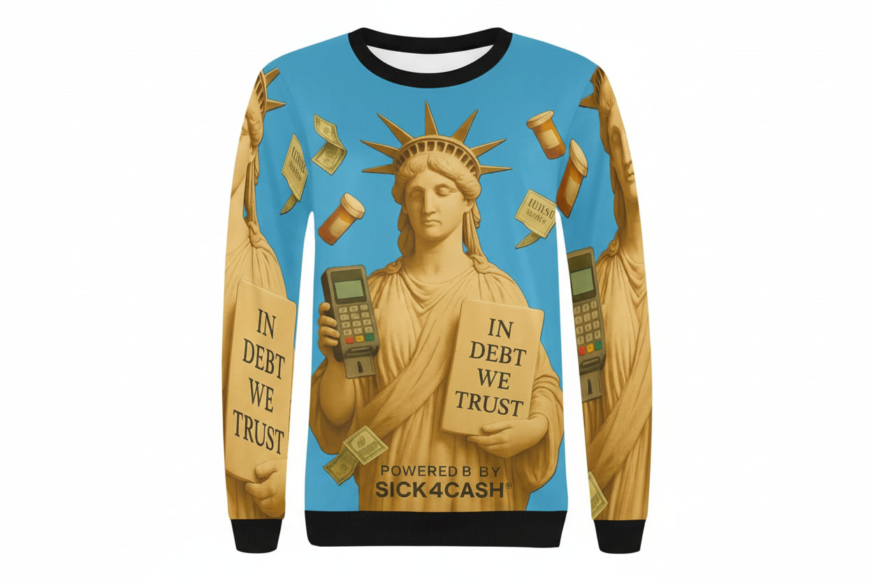 Sweatshirt with Statue of Liberty design and text 'In Debt We Trust' on a blue background