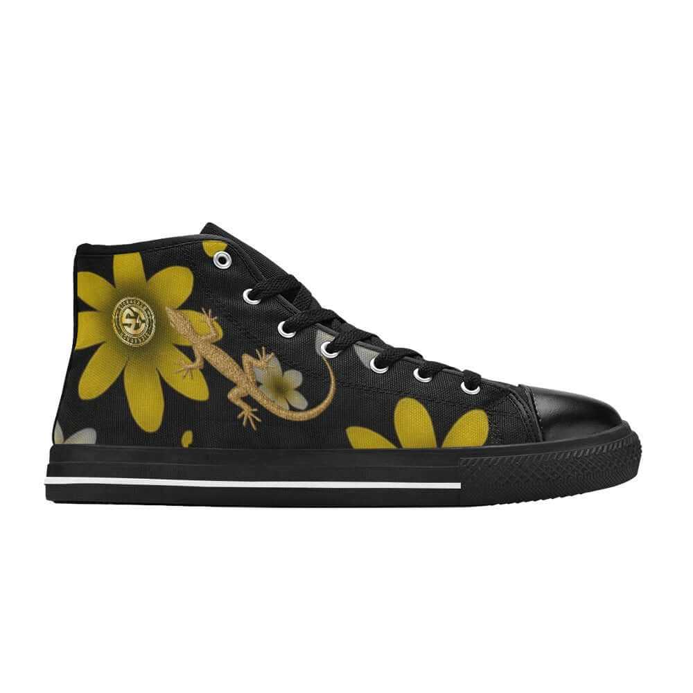 Black high-top sneaker with yellow floral and lizard design on a white background