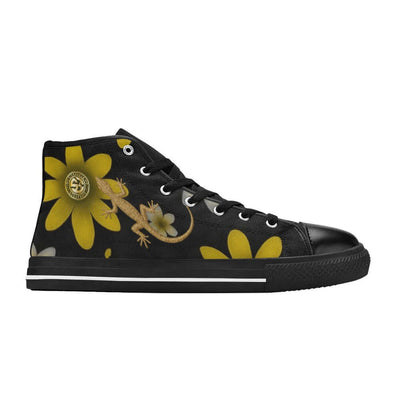 Black high-top sneaker with yellow floral and lizard design on a white background