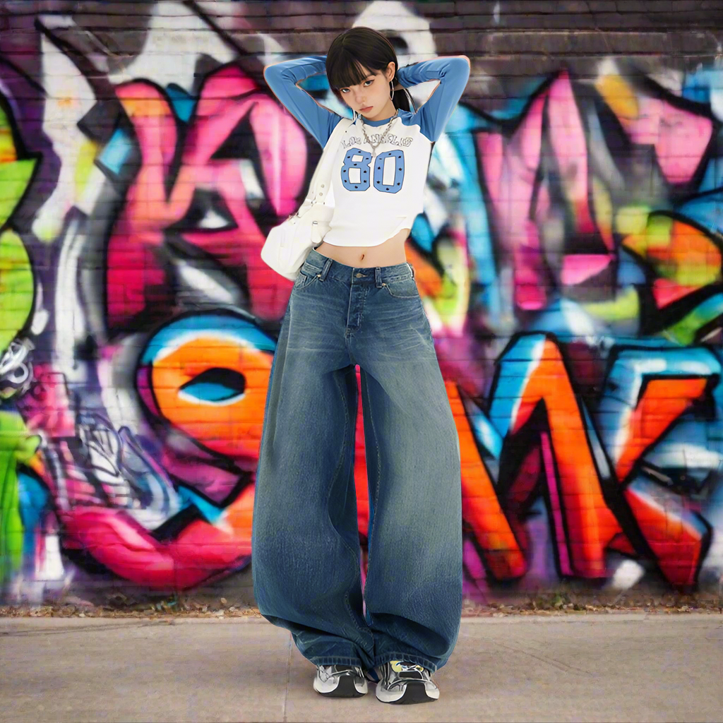 S4C Women's Blue Knife-Leg Jeans  Gradient High-Waist Loose Wide-Leg Pants