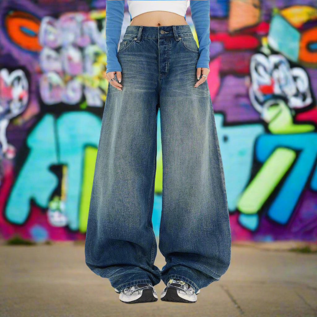 S4C Women's Blue Knife-Leg Jeans  Gradient High-Waist Loose Wide-Leg Pants