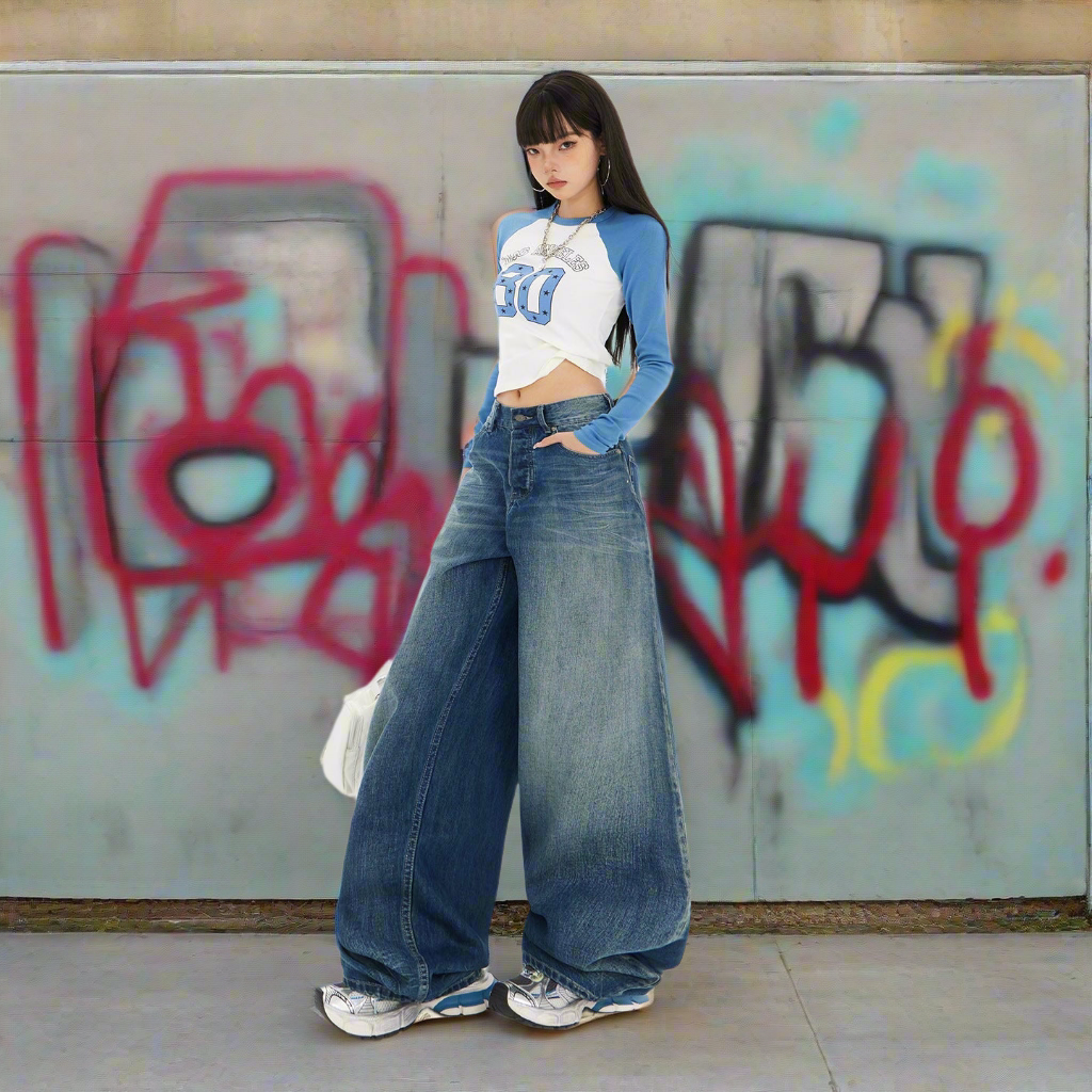 S4C Women's Blue Knife-Leg Jeans  Gradient High-Waist Loose Wide-Leg Pants